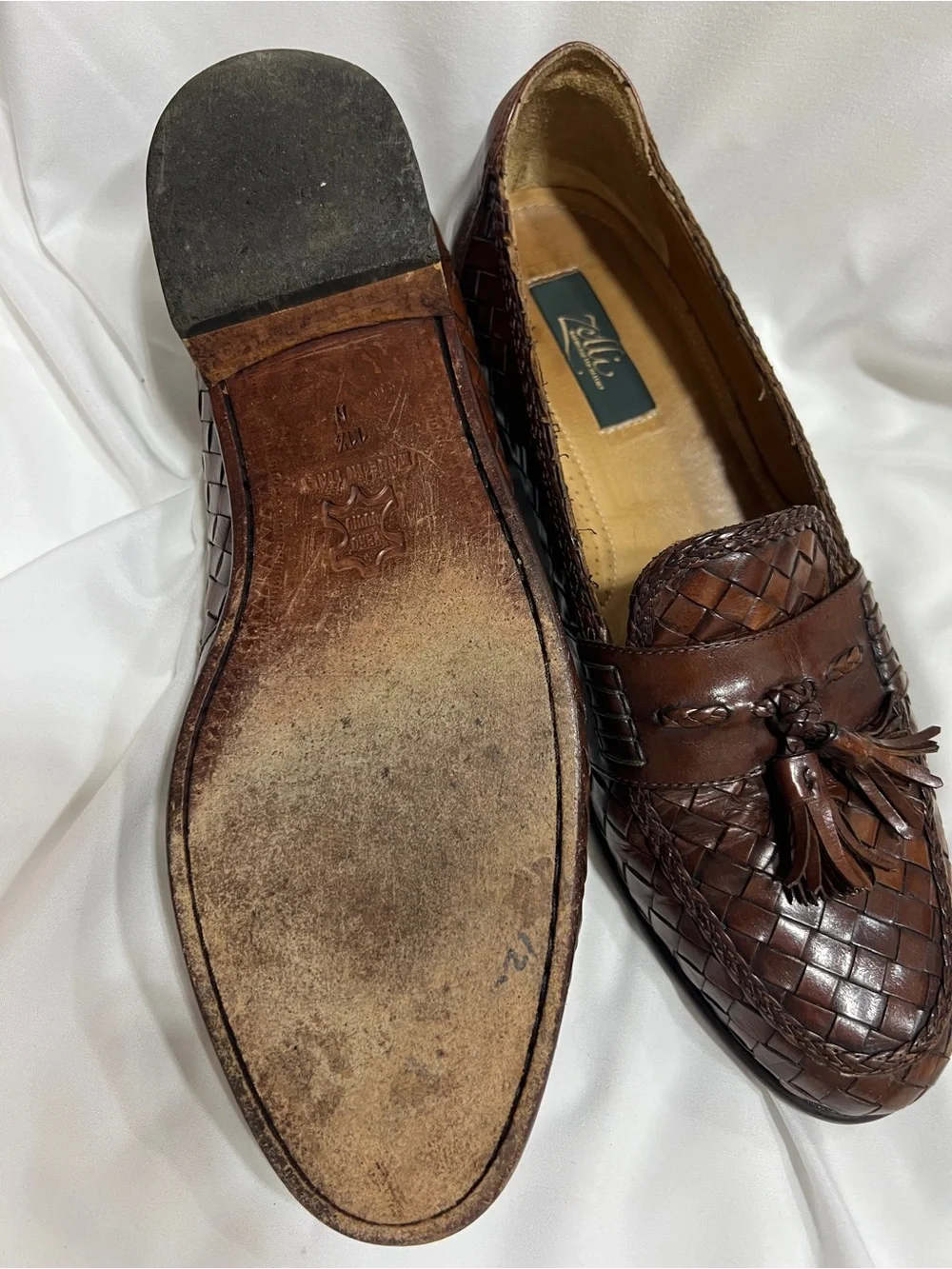 Men's Brown Woven Leather Tassel Loafers Zelli 11.5